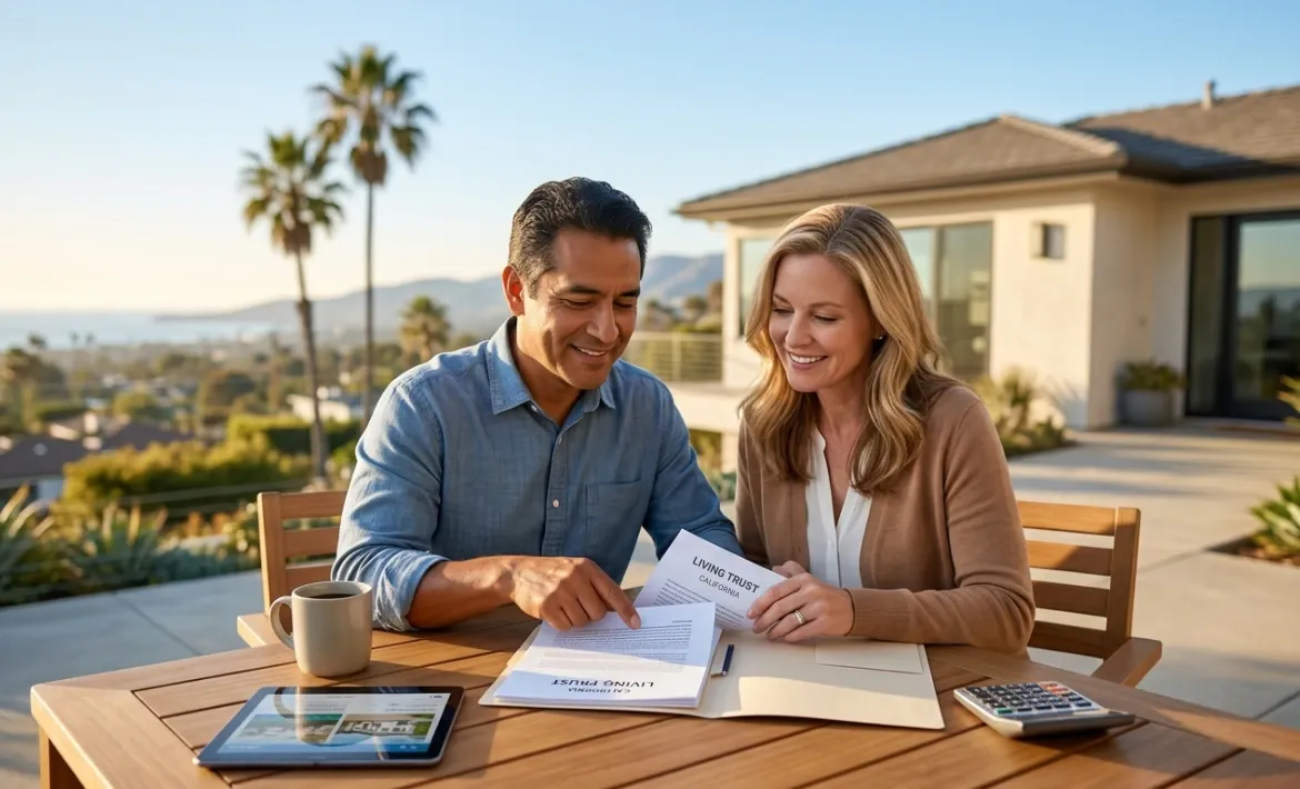 Couple reviewing California living trust documents at outdoor table with coastal home and palm trees in background