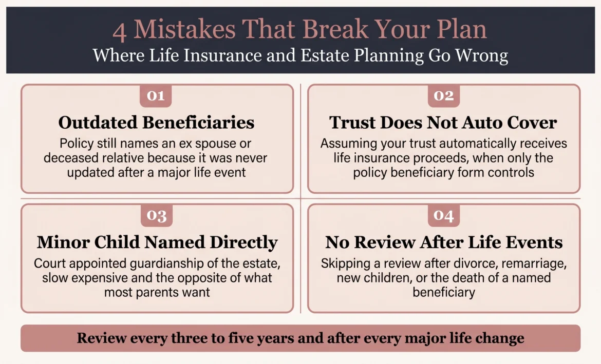 Four common life insurance and estate planning mistakes California families make in 2026 infographic including outdated beneficiaries that still name an ex spouse or deceased relative, assuming a trust automatically covers life insurance proceeds when only the policy beneficiary form controls, naming a minor child directly which triggers court appointed guardianship, and skipping reviews after major life events like divorce remarriage or new children