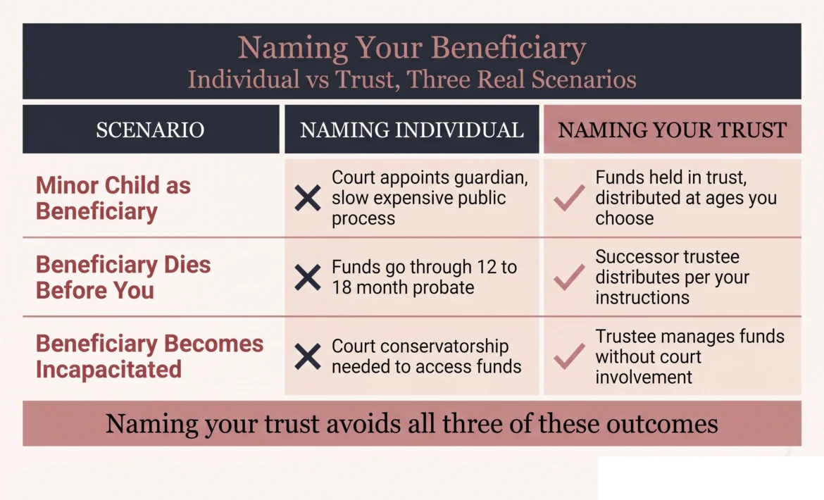 Comparison of naming individual versus trust as life insurance beneficiary in California 2026 infographic showing three scenarios including minor child triggering court guardianship, predeceased beneficiary causing 12 to 18 month probate, and incapacitated beneficiary requiring conservatorship versus trust solutions providing protected age based distributions, automatic alternate beneficiaries, and successor trustee management