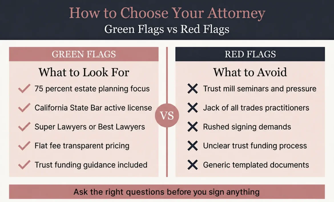 How to find a California estate planning attorney 2026 infographic showing green flags including 75 percent estate planning focus, California State Bar license, Super Lawyers recognition, flat fee pricing, and trust funding guidance versus red flags including trust mills, jack of all trades practitioners, pressure to sign immediately, and unclear trust funding process