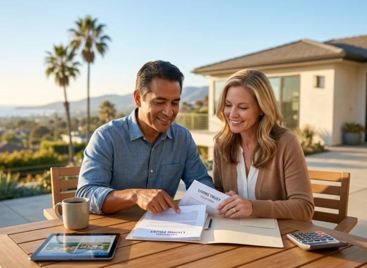 Couple reviewing California living trust documents at outdoor table with coastal home and palm trees in background