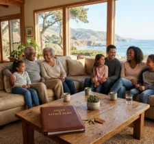 Multigenerational California family discussing trust and estate plan together in coastal living room with ocean view