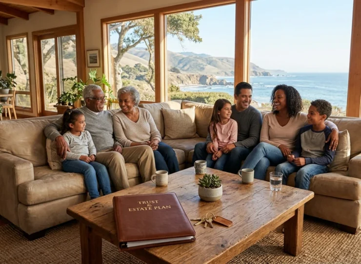 Multigenerational California family discussing trust and estate plan together in coastal living room with ocean view