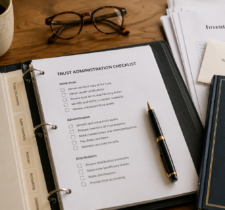 Trust administration paperwork on wooden desk