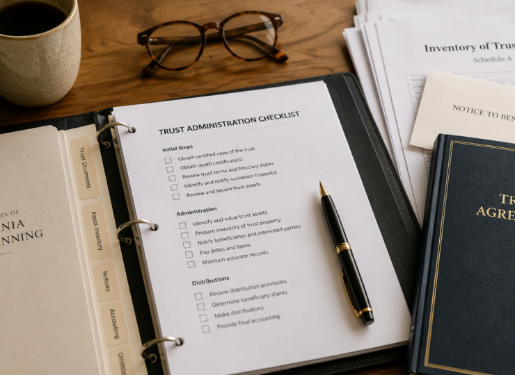 Trust administration paperwork on wooden desk